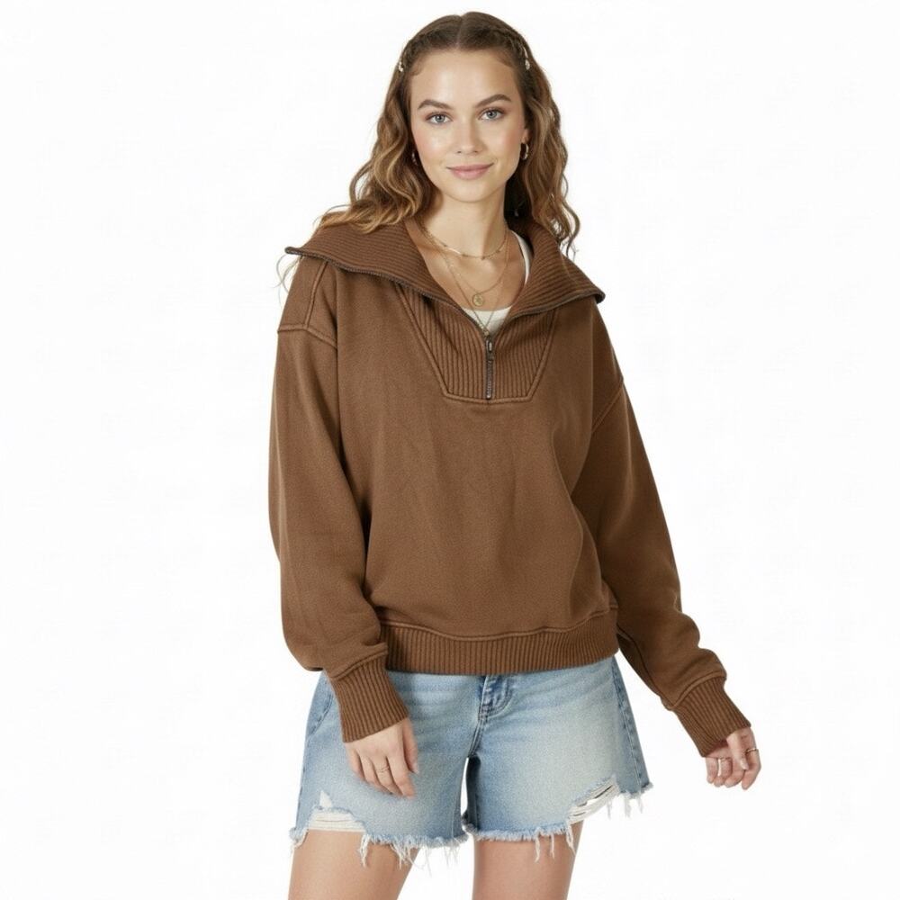 Aerie Oversized Collared Quarter Zip Sweatshirt Size S Brown Ribbed Collar Cozy